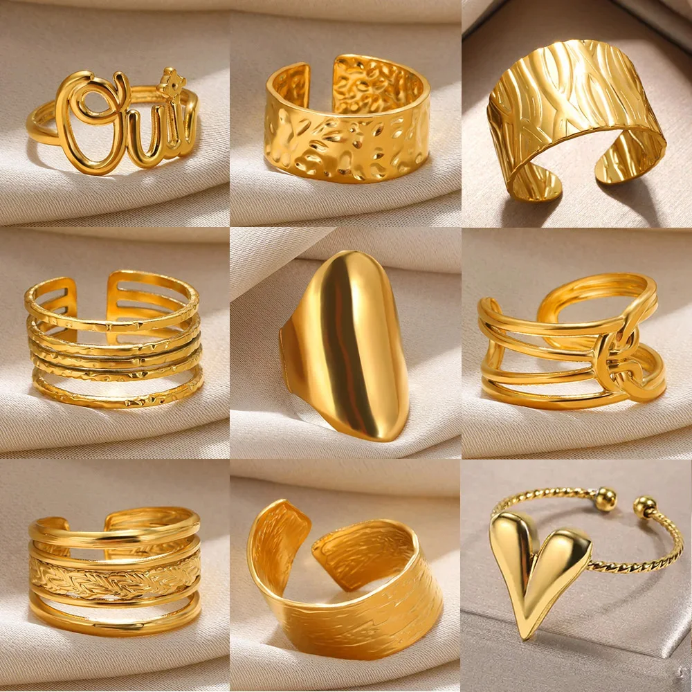 Rings Stainless Steel Heart Gold Color Geometric Open Wide for Women Wedding Party