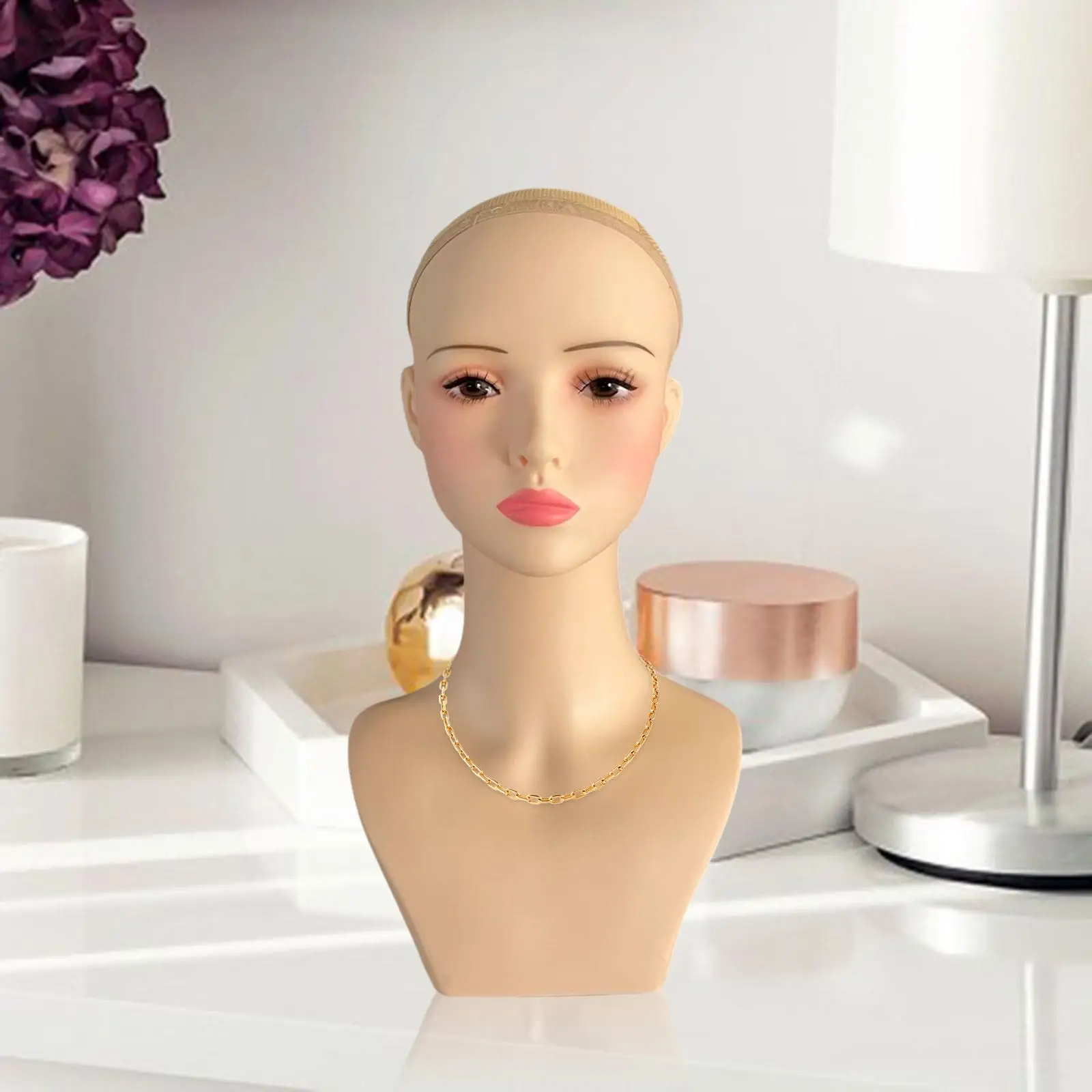 Female Bald Mannequin Head Earring Holes with Makeup Lightweight Female Head Rack for Wig Making Eyeglasses Hat Hair Styling Cap