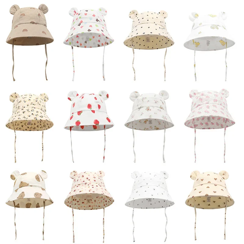 Muslin Baby Sun Hat Cartoon Print Kids Cap for Girls Boys Cotton Toddler Summer Hats Children Panama Baby Cap 1-3Y baby hat kids sun hat