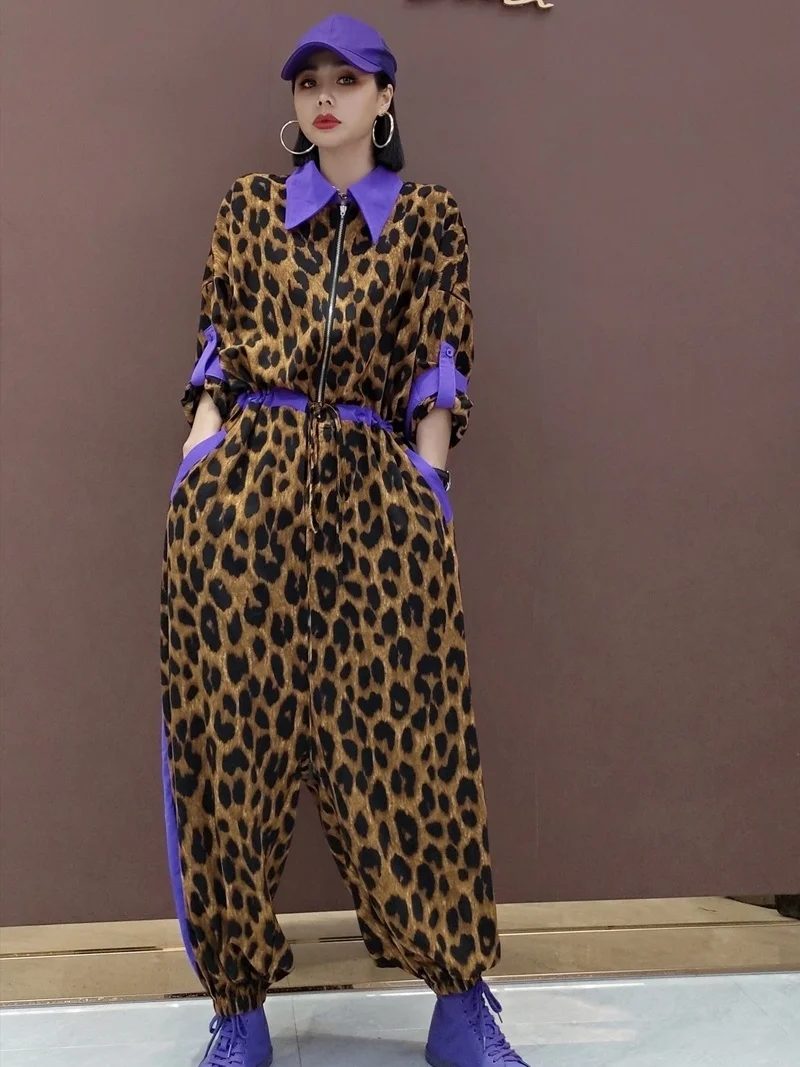 

Women Leopard Jumpsuit 2023 Spring Summer New Print Top Personalized Streetwear Show Slim Big Size Jumpsuits Thin X061