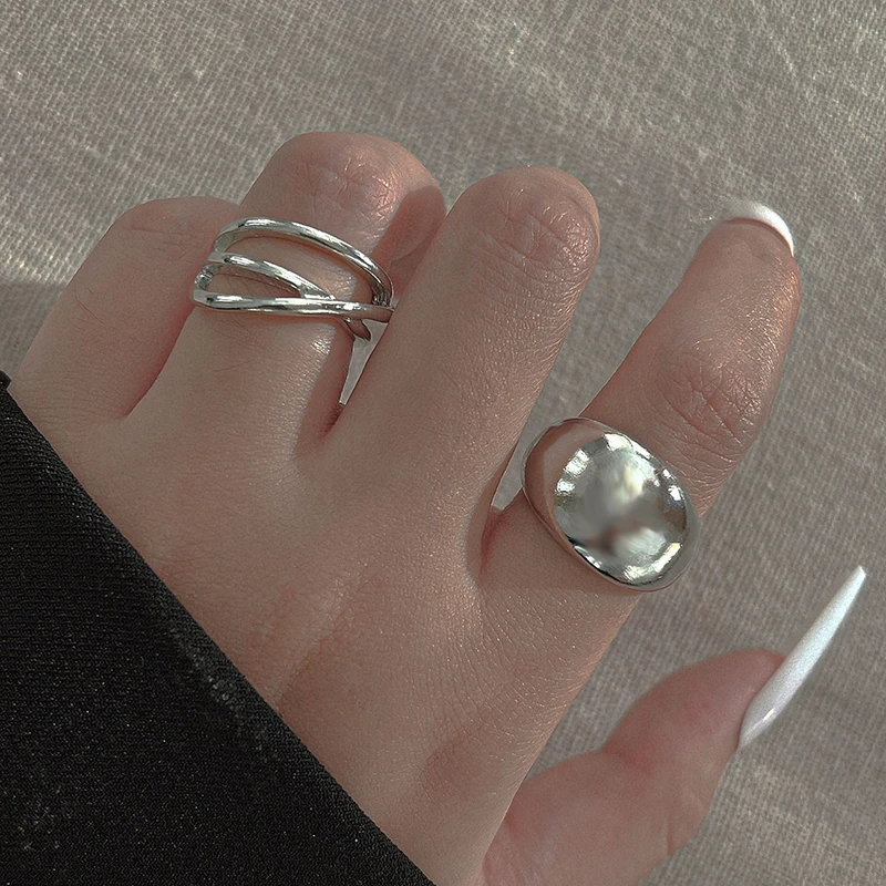 Stainless Steel Ring 2Pcs Stainless Steel Geometric Hollow Layered Wide Ring Metal Texture Waterproof Daily Simple Stylish Golden Jewelry Women