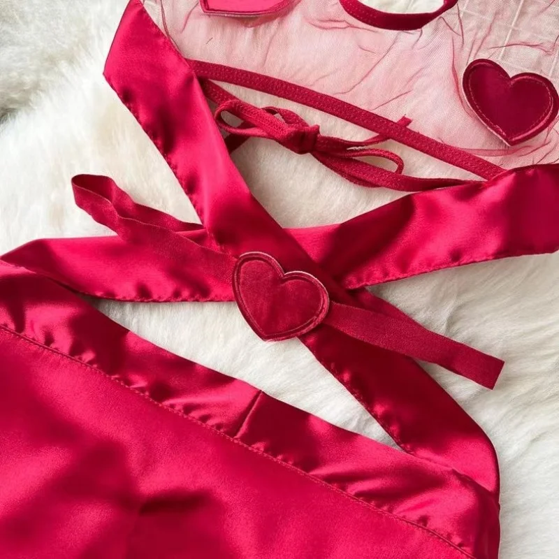 Sexy Hollow Out Pajamas Women Cosplay Servant Tie Backless Neck Hang Set Patchwork Heart-Shaped Red See-through HotSweet Dress