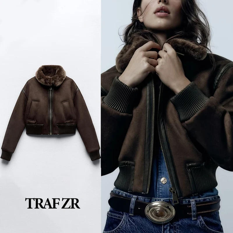 

TRAF ZR Winter Jackets for Women 2023 Leather & Fur Women's Coat Y2k Clothing New in Outerwears Fleece Zip-up Cropped Tops