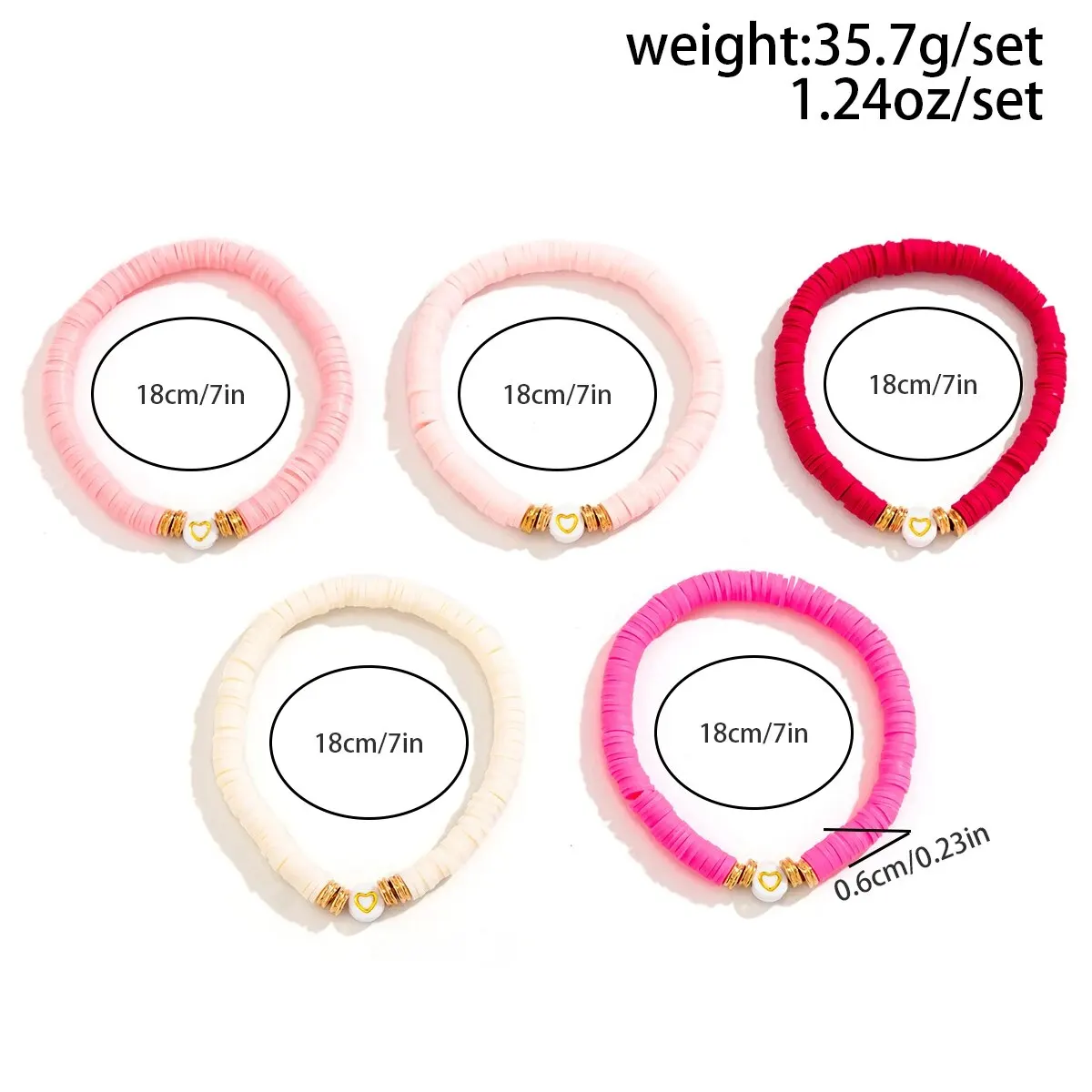 7Pcs/Set Romantic Love Heart Pendant Bracelets for Women Cute Trendy Pink Beaded Couples Bangles Valentine's Day Jewelry Gifts