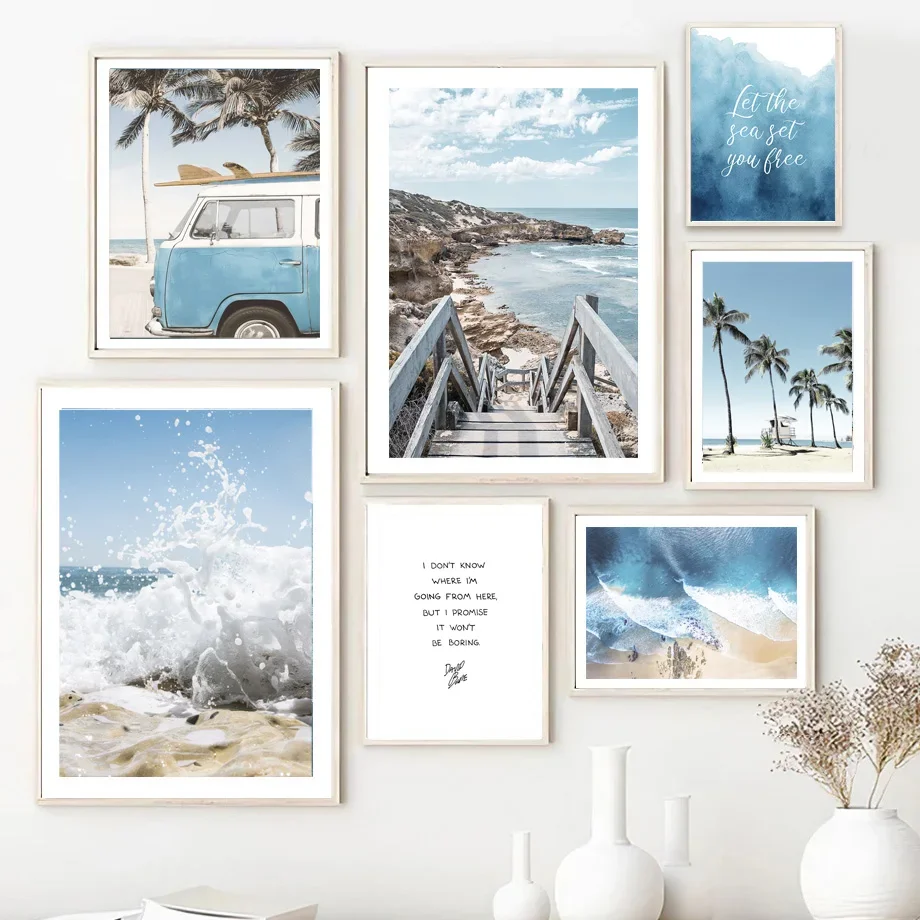 

Sea Waves Beach Bridge Car Reed Palm Tree Wall Art Canvas Painting Nordic Posters And Prints Wall Pictures For Living Room Decor