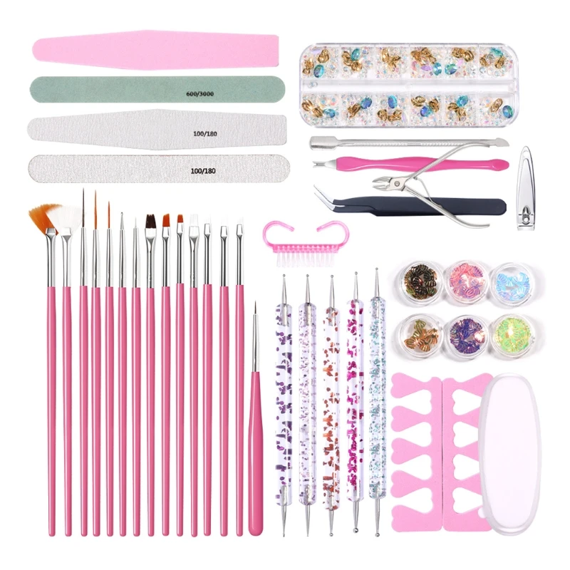 

1Set Nail Art Files Buffer Sanding Kit Cuticle Pusher Cutter Dead Skin Remover Dotting Pen Cleaning Brush