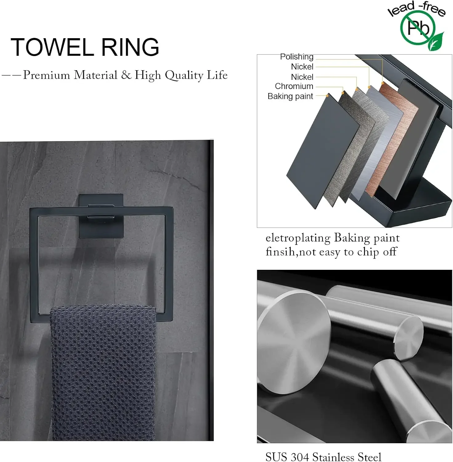 TNOMS Black Towel Bar Set 5-Piece Bathroom Hardware Set Including 23.6 Inch Towel Bar,Towel Ring Hook and Toilet Paper Ho