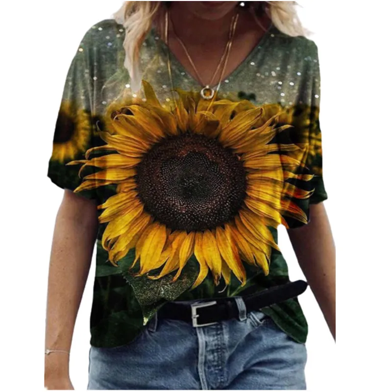 3D Tie Dye Sunflower Women Print Tops Summer 2021 New Fashion Ladies Short Sleeve V-Neck Casual T Shirt Loose Plus Size Tee Tops black and white striped shirt