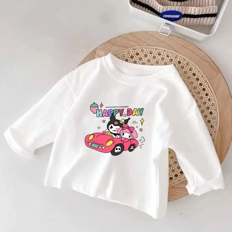 Sanrio 헬로 키티 마이 멜로디 쿠로미 시나모롤 소년 소녀 긴 소매 코튼 티셔츠 탑 봄 여름 패션 프린트 티셔츠