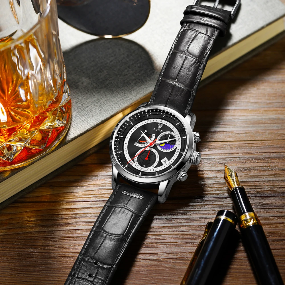 LIGE Fashion Luxury Men's Watches Business Leather Strap Quartz Watch for Men Waterproof Casual Sport Man Chronograph Wristwatch