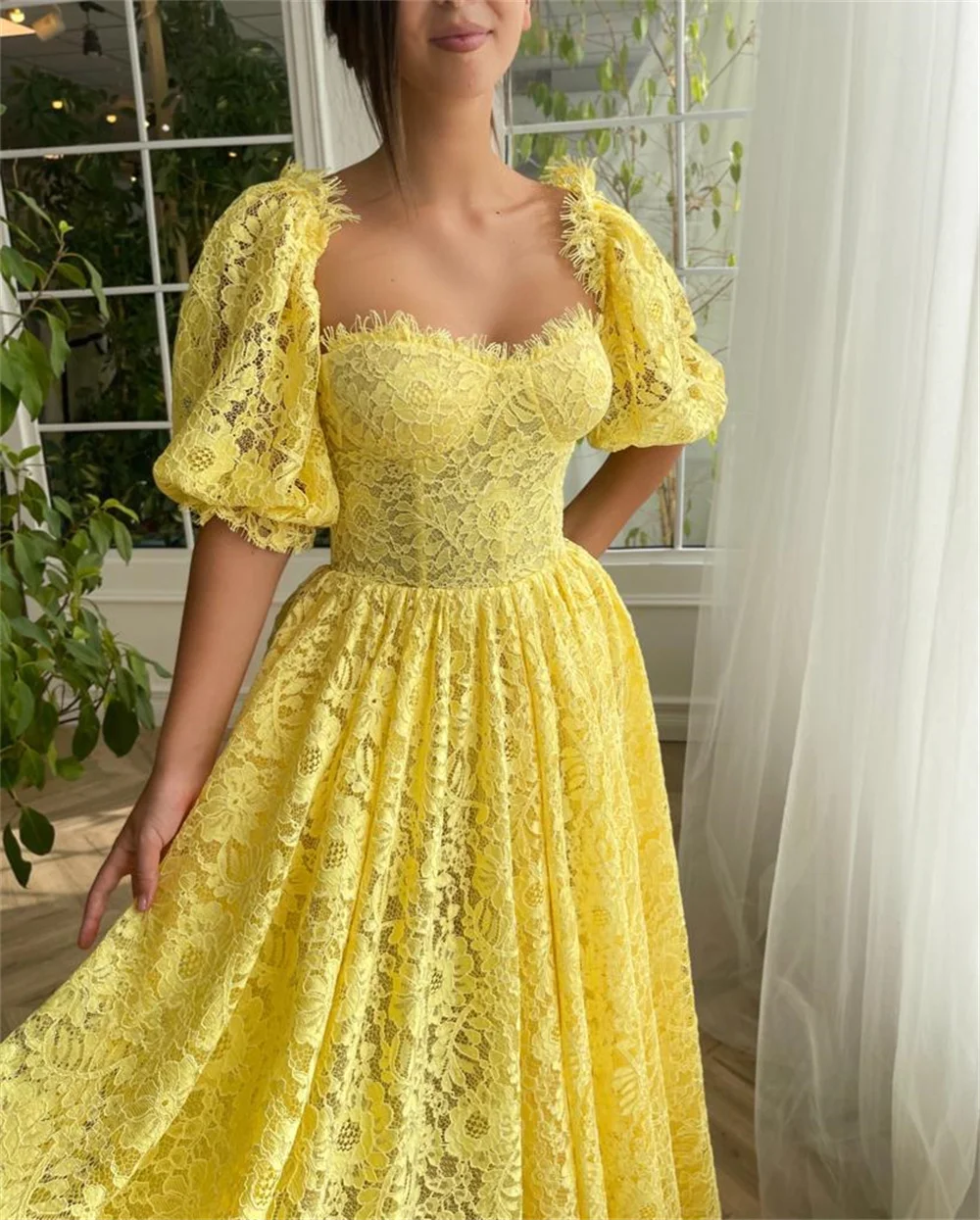 Delicados vestidos de fiesta de encaje amarillo para mujer, media manga  hasta el tobillo, vestidos de noche formales por debajo de la rodilla,  vestido de fiesta de boda personalizado - AliExpress, image size:1000x1245