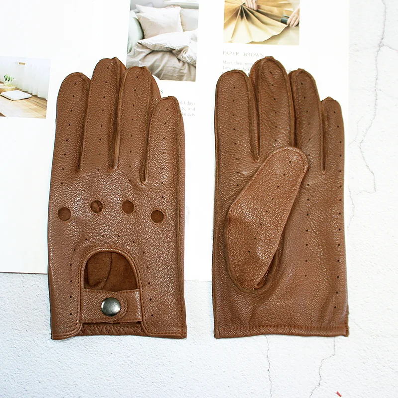 Men's Leather Deerskin Driver Gloves Single-Layer Thin Summer Autumn Outdoor Riding Full-Finger Motorcycle Gloves