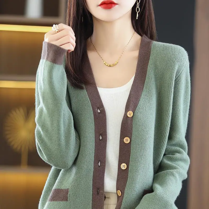 Spring Autumn Women's V-Neck Knitted Coat Elegant All-match Retro Color Matching Long Sleeve Cardigan Sweaters Female Clothing