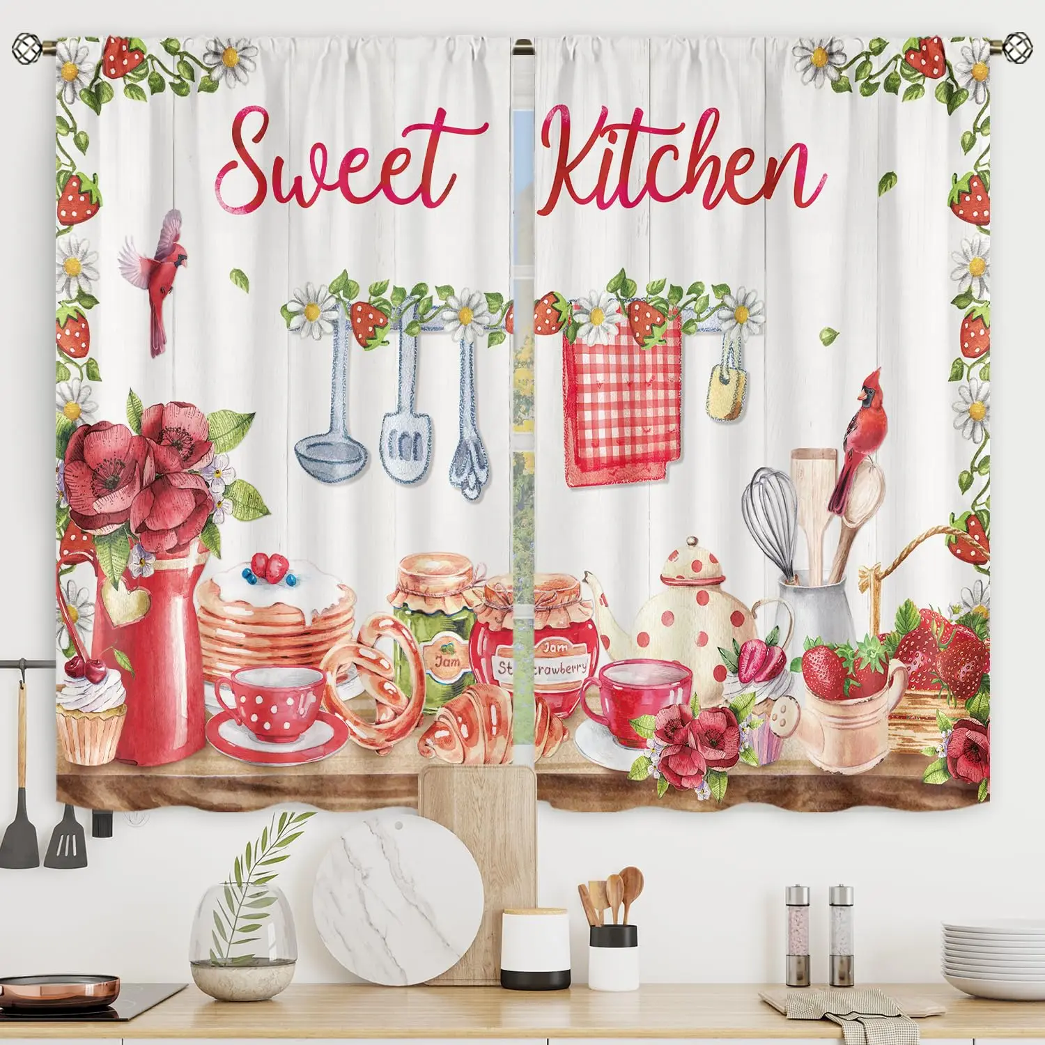 2 Panels Rustic Farmhouse Kitchen Curtains Small Short Strawberry Floral  Fruit Dessert Wood Board Red Watercolor Rod Pocket - AliExpress, image size:1500x1500