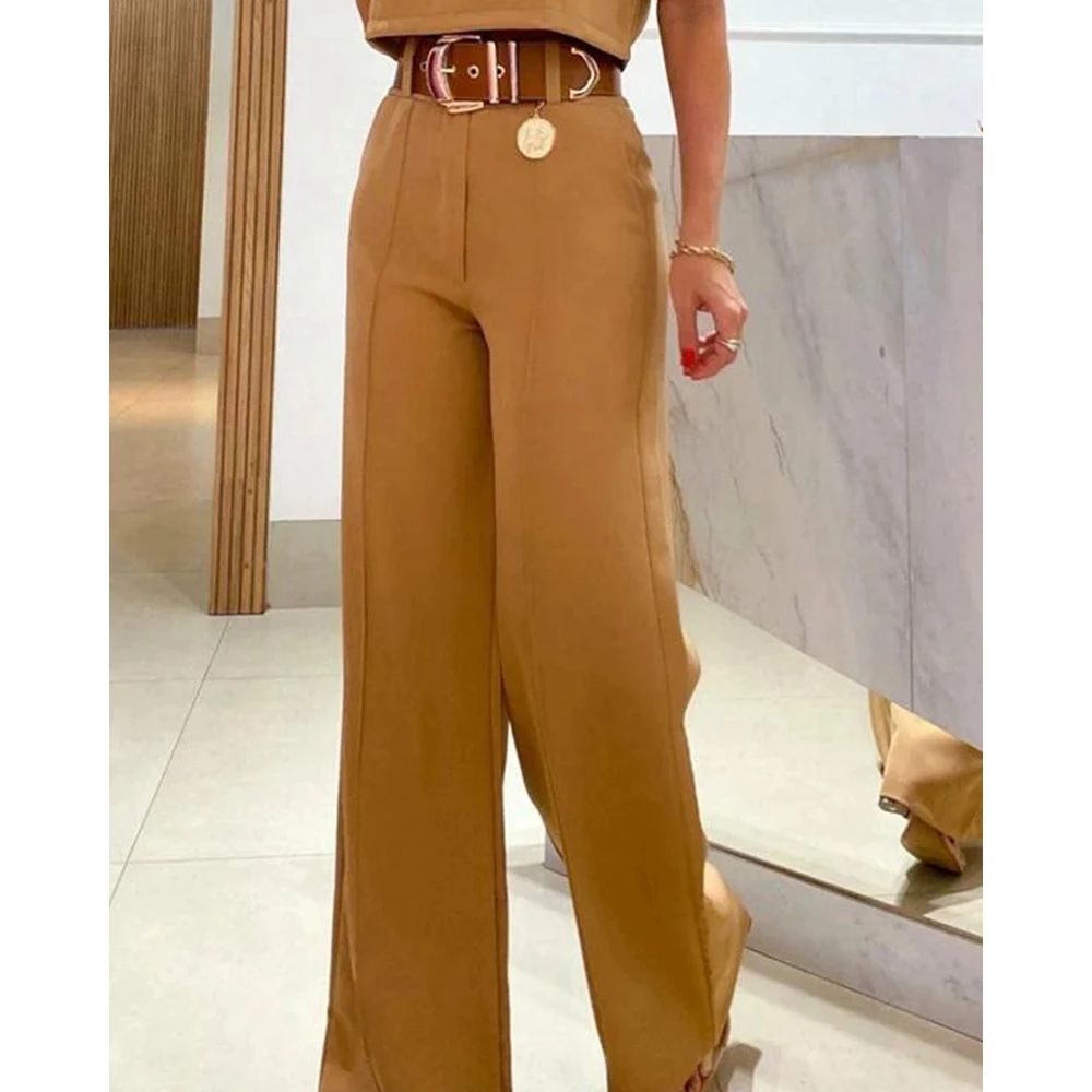 2023 Casual Women Half Sleeve Crop Top & Wide Leg Pants Set Summer Femme Office Lady Two Pieces Suit Set Outfits Korean Style
