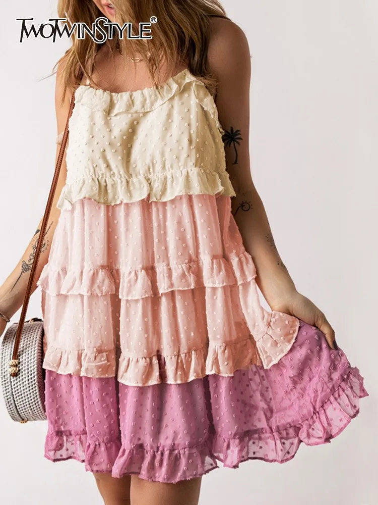 

TWOTWINSTYLE Edible Tree Fungus Camisole Dresses For Women Square Collar Sleeveless Loose Waist Casual Dress Female Fashion New