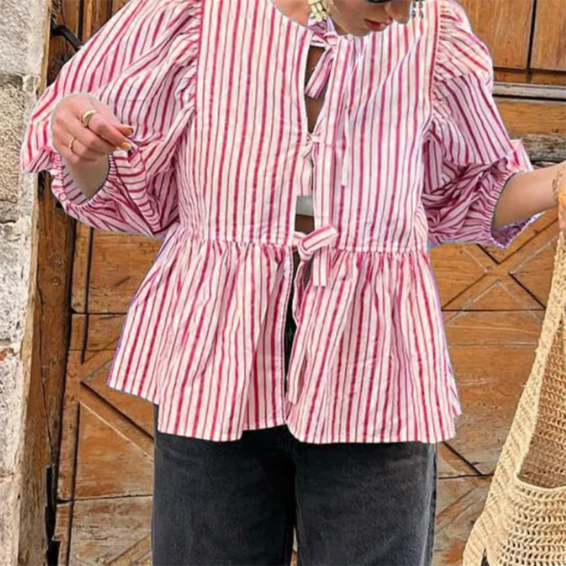 Camisas Y2K para mujer, ropa estética, elegante, color sólido/rayas, manga 3/4, cárdigan con lazo, blusa de los años 2000, ropa de calle