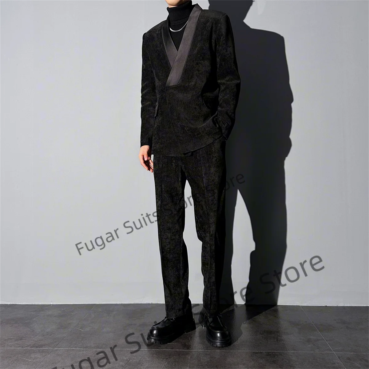 Black Mercerized Suede Suits For Men Slim Fit Shawl Lapel Formal Wedding 2 Pieces Sets(Jacket+Pants)Terno Masculinos Completo