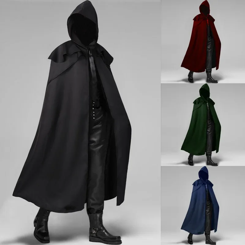 

Gothic Men Cloak Coats Hooded Solid Loose Windproof Mens Trench Coat Men Chic Winter Long Cape Poncho Monk Long Outerwear