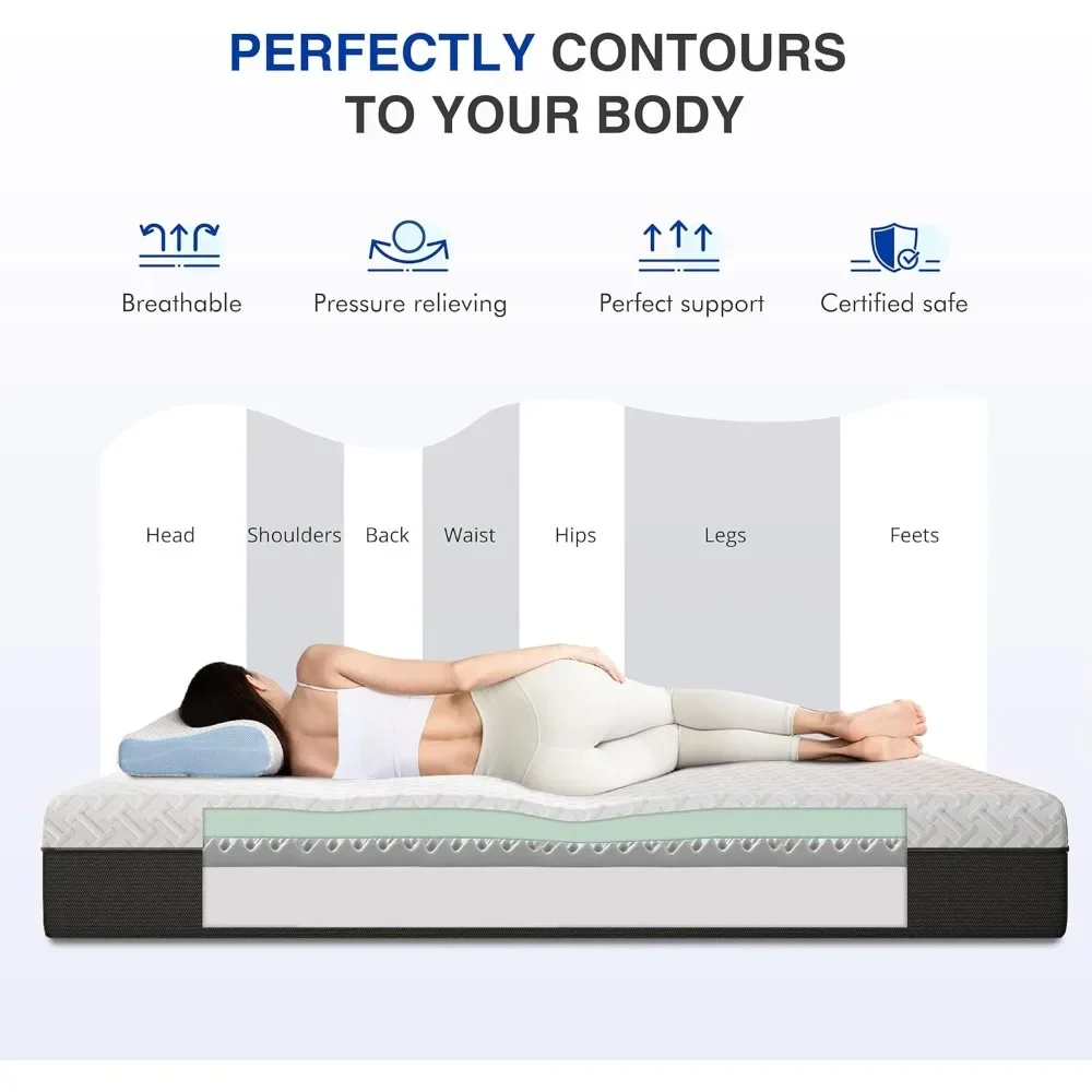 NEW-12 Inch Queen Green Tea Memory Foam Mattress for Cool Sleep & Pressure Relief, Bed in a Box, Removable Cover No Fiberglass,