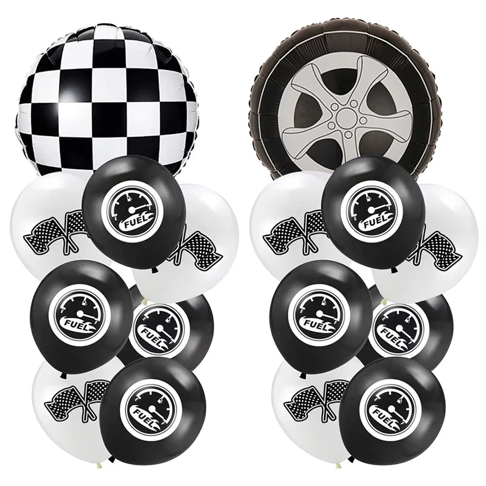

12Pcs Race Car Wheel Kids Children Birthday Party Baby Shower Decoration Tire Foil Balloons Black and White Checkered
