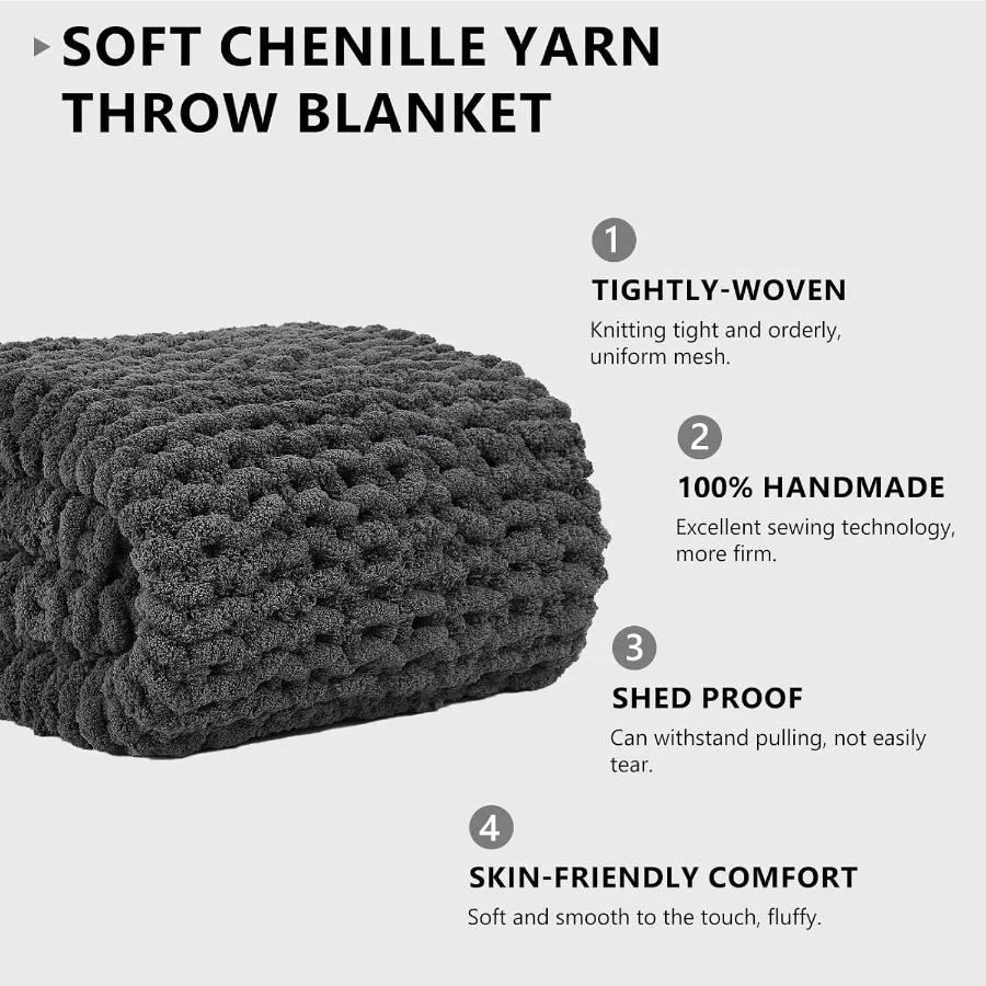 Chunky Knit Blanket Throw: 80''x90'' Chenille Chunky Knitted Throw Blanket for Bed Couch Handmade Thick Big Cable Knit Blanket