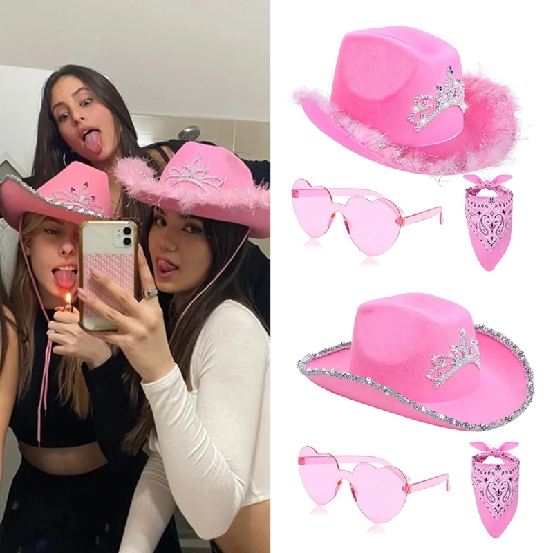 Halloween Women Western Cowboy Hat Pink Cowgirl Fluffy Cowboy Hat Glitter Hat Costume Di Carnevale Accessorio Per Cappello Da Festa
