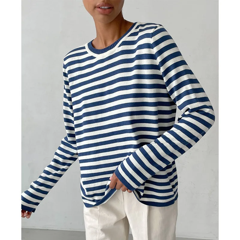 2024 Autumn Winter Knitted Stripe Sweater Women Loose Casual Thick Pullovers Female Warm Long-sleeved Round Neck Tops