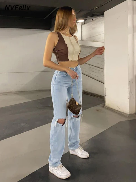 Womens Loose Fit Jeans 2022 Ripped Wide Leg For Women High Waist Blue Wash Casual Cotton Denim Trousers Summer Baggy Jean Pants 3