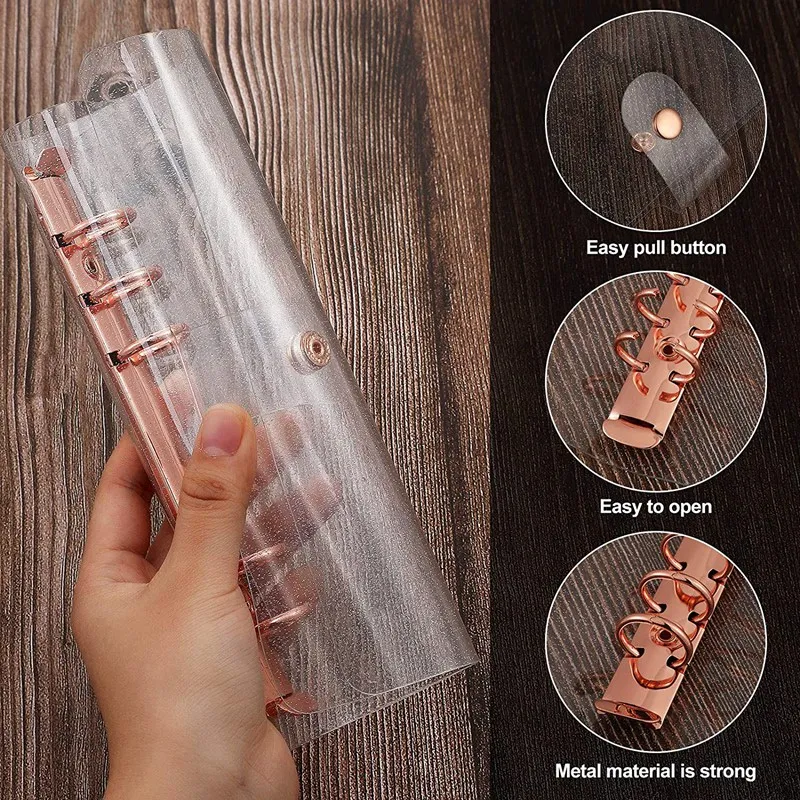 2 Pcs A6 PVC 6-Ring Binder Cover Rose Gold Soft Notebook Cover Transparent PVC Notebook Shell 6-Hole Loose Leaf