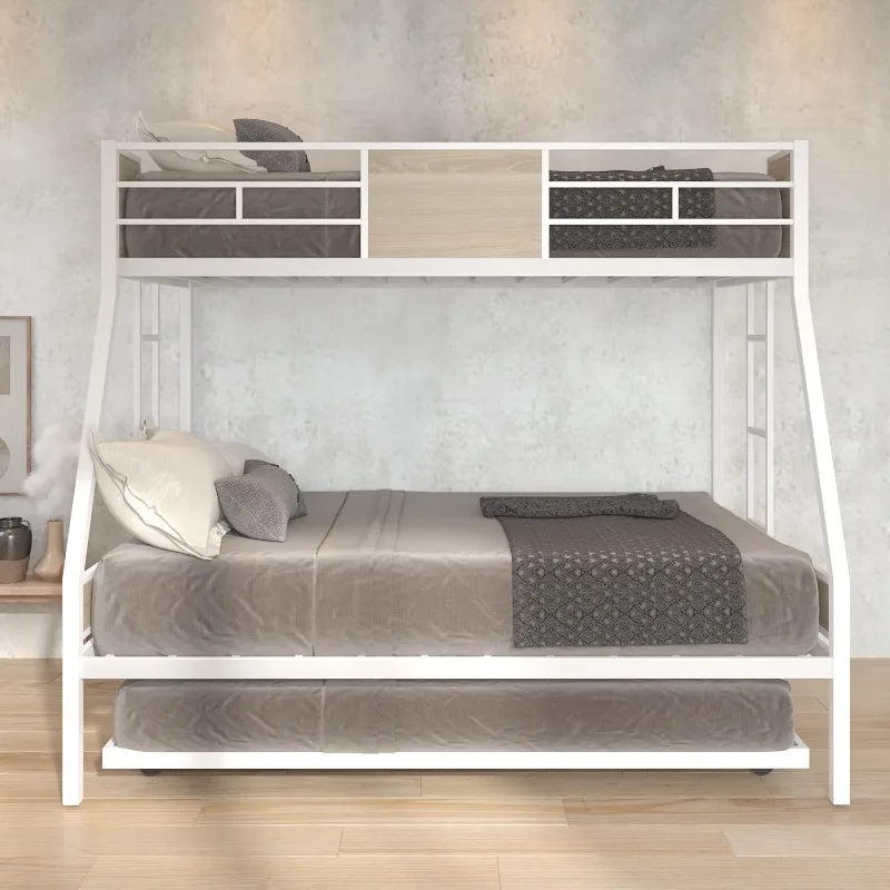 Twin Over Full Bunk Beds with Trundle Bed,Heavy Duty Metal Bed Frame with Safety Rail 2 Side Ladders for Boys Girls Adults