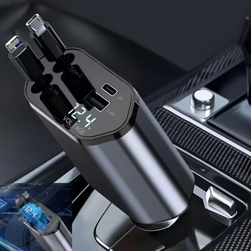 شاحن سيارة سريع بقوة 120 واط، شحن فائق السرعة بقوة 120 واط، مزود بكابل بيانات USB-C قابل للسحب، محول هاتف متعدد المنافذ 4 في 1، مت...