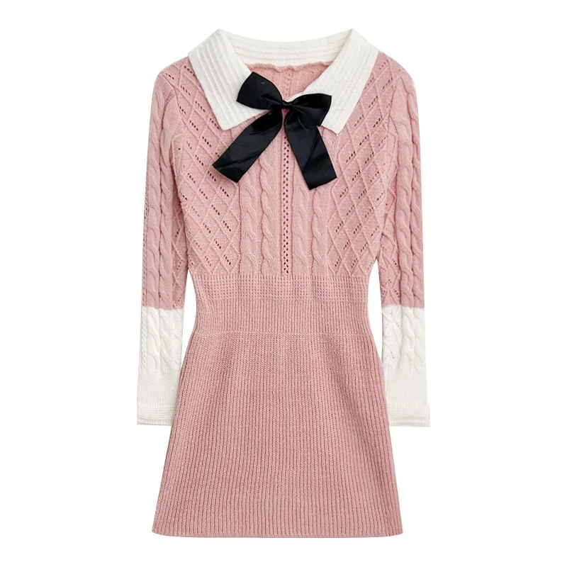 

Autumn and winter college wind POLO collar bow long sleeve knitted dress