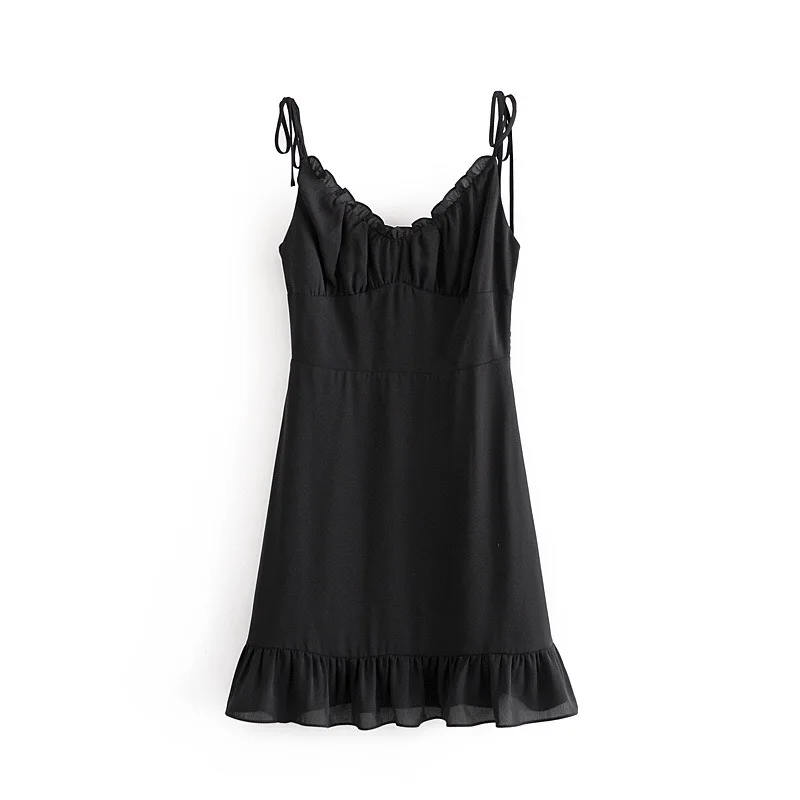 Black A-line Tie Cami Strap Mini Corset Style Dress With Ruffles Detail