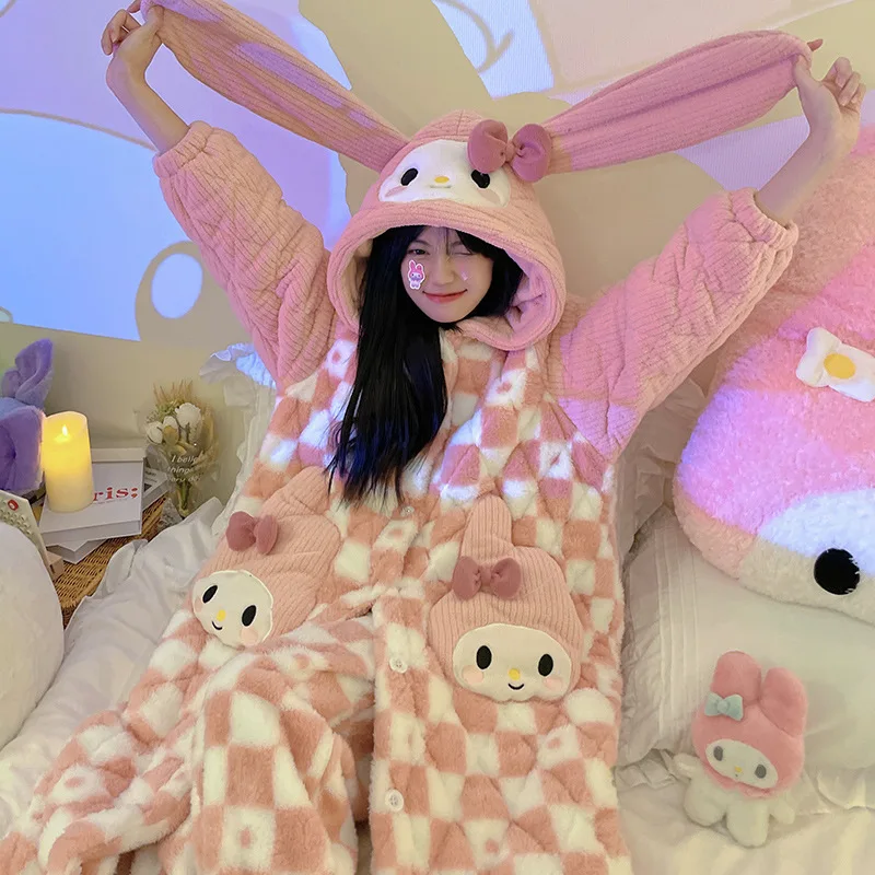 

Pajamas Kawaii Cute Pompom Purin Sanrio Creative Kuromi Winter Thickened Warm Plush Cartoon Cinnamoroll Home Wear Birthday Gift