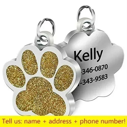 Personalized Glitter Paw Print Pet ID Tag - Engraved Waterproof Name Charm
