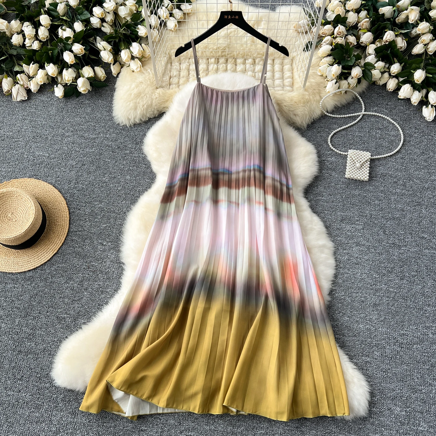 

Vintage Elegant loose Gradient pleated sweet slip Dress A-line Casual Women Fashion Summer sleeveless Spring Dresses