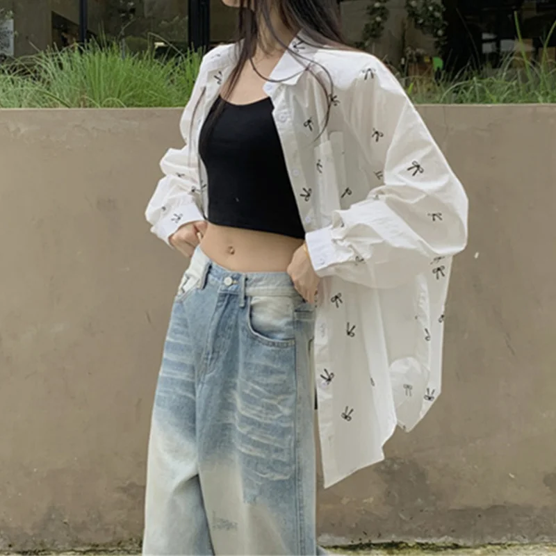 Camisa Y2K para mujer, blusa con estampado de lazo, cuello de solapa, botonadura sencilla, manga larga con bolsillo, ropa de calle de los años 2000