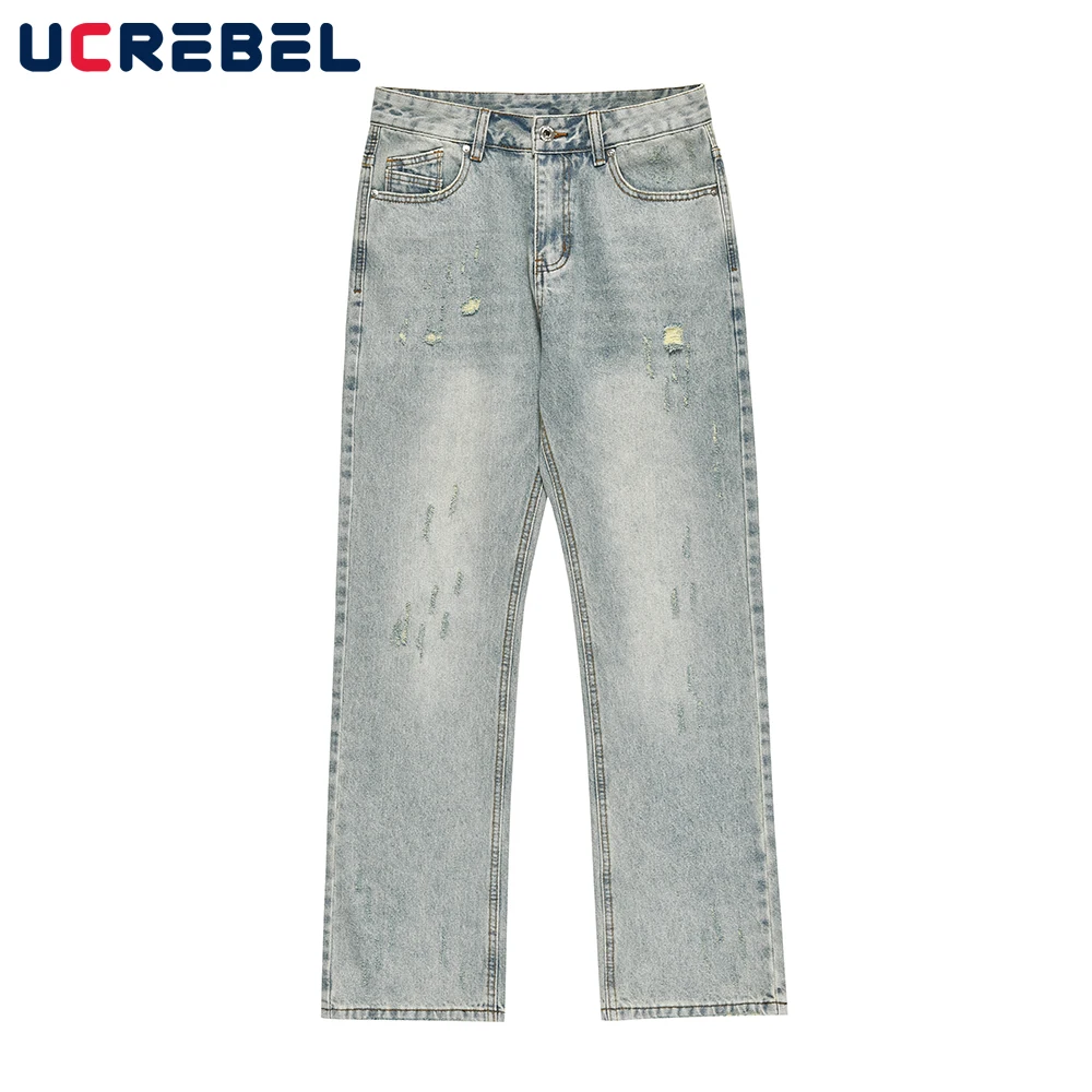 

Streetwear Washed Distressed Straight-leg Jeans Mens Retro Casual Ripped Denim Pants Men
