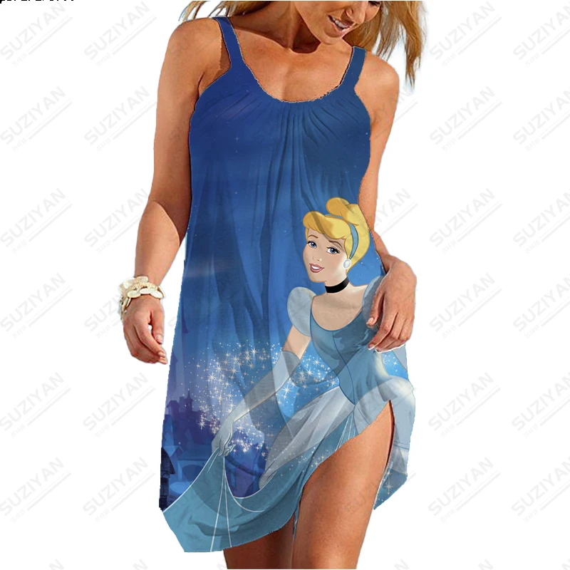 

Women's Summer Short Skirt Strap Dress Sleeveless 3D Printed Disney Loose A-line Round Neck Pullover 2023 New Large 5XL Princess