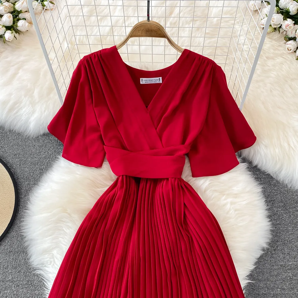 Women Elegant Pleated Dress Summer Short Sleeve V-neck Vintage Dresses Ladies A Line High Waisted Midi Dress