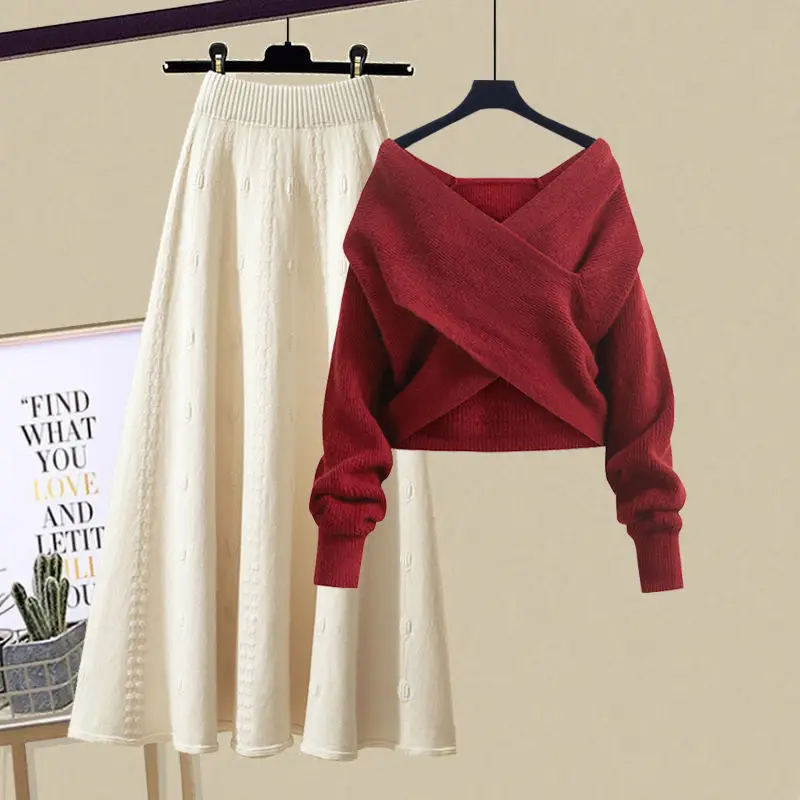 Autumn and Winter Women's Set 2024 New Lazy Knitted V-neck Sweater Slimming Half Skirt Two Piece Set Trendy 2