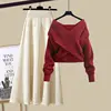 Autumn and Winter Women's Set 2024 New Lazy Knitted V-neck Sweater Slimming Half Skirt Two Piece Set Trendy 2