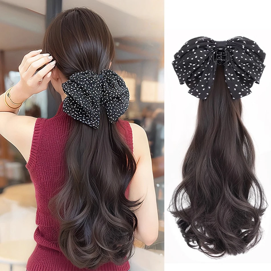 Body Wave Synthetic Claw Clip Ponytail Wig With Grab Clip Sweet Temperament Polka Dot Bow Ponytail Hairpiece For Daily Party Use