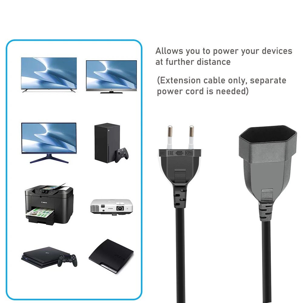 EU Power Extension Cable 2-Prong Male to Female 5M/3M/1.5M power extension cord Socket saver