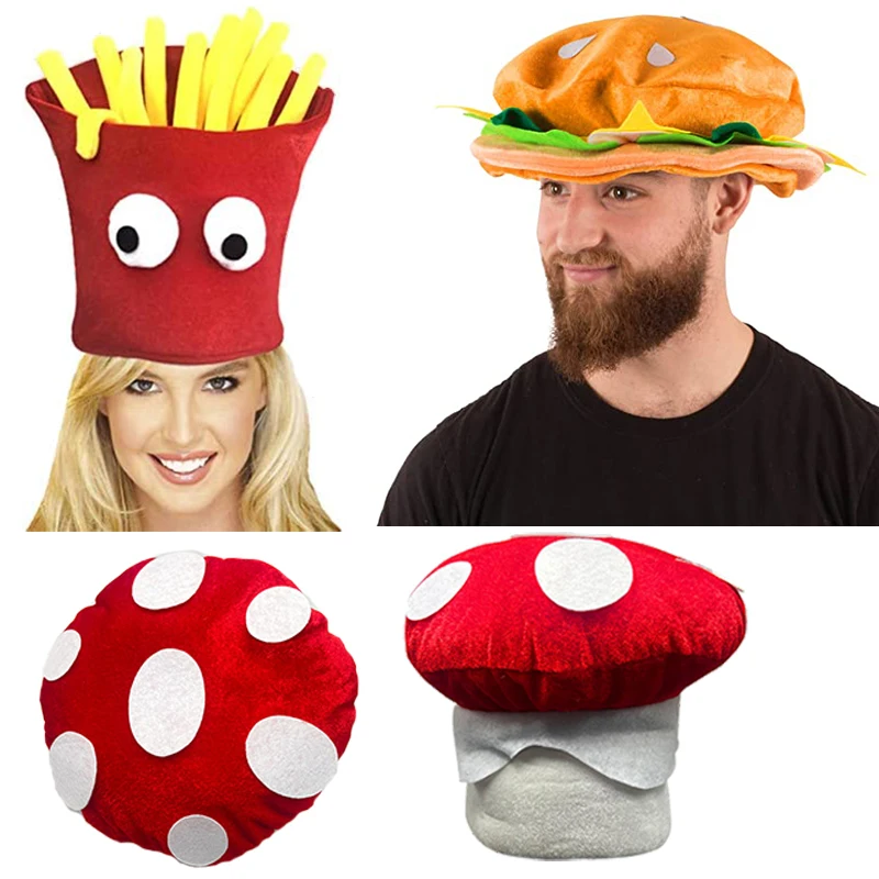 

Забавные головные уборы для взрослых, шляпа для пиццы, гамбургера, картошки фри, костюм с красными грибами, мягкий плюшевый костюм