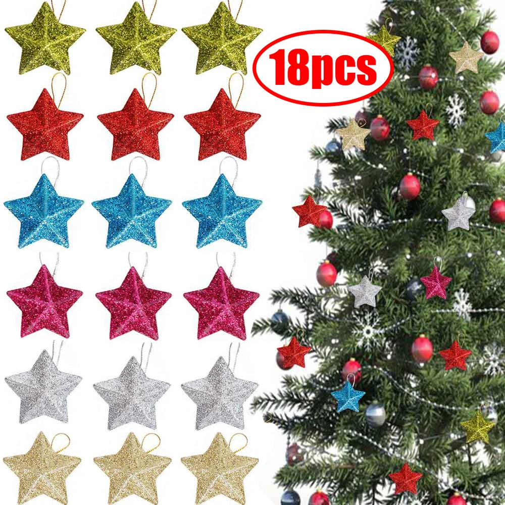

18/6PCS Glitter Star Pendant Christmas Tree Hanging Ornaments Plastic Craft Star Prop For Christmas Party Home Decor Accessories