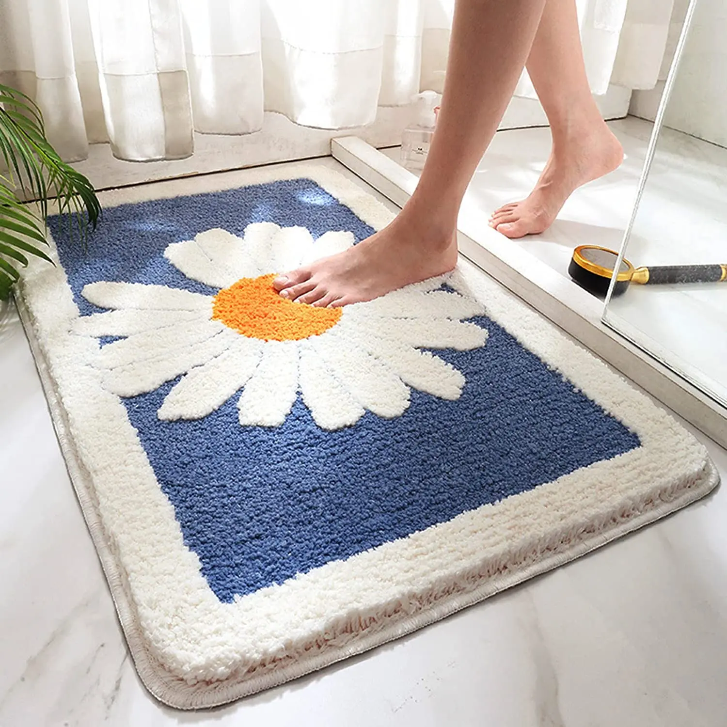 

Inyahome Bath Mats Fashionable Cartoon Flocking Bathroom Rugs Durable Indoor Daisy Bath Rugs Suitable for Bathroom Door Carpets