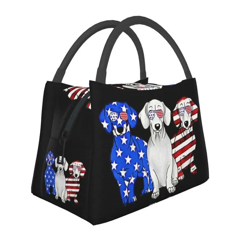 

Dachshund Dog With American Flag Insulated Lunch Bags for Wiener Badger Sausage Thermal Cooler Lunch Box Beach Camping Travel