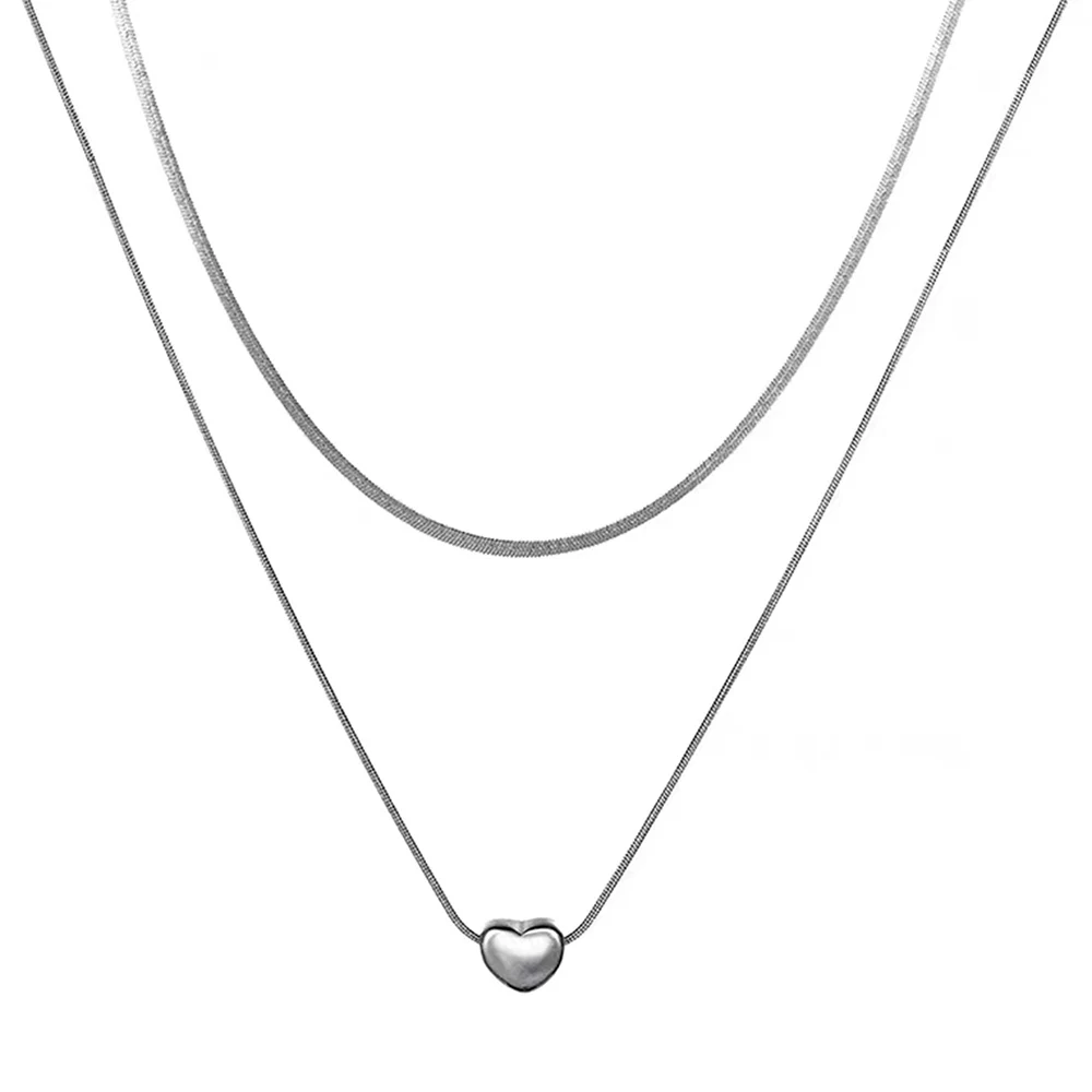 

Stainless Steel Fashion Double Layer Heart Pendants Necklace Woman Thin Clavicle Chains Jewelry Party Banquet Anniversary Gifts